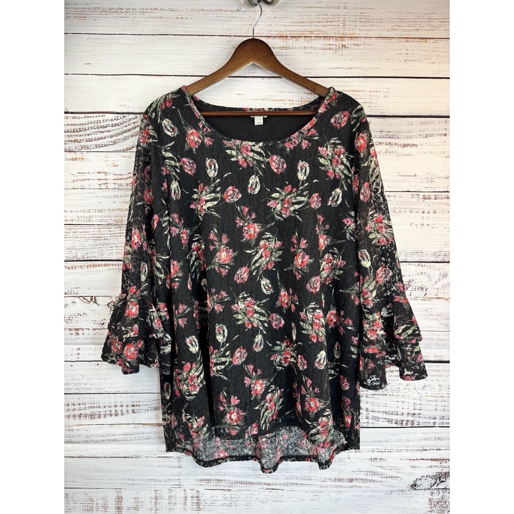 Lace Top Black Red Pink Flowers 18/20 Flowy Stretch Tunic Fairy Goth Feminine